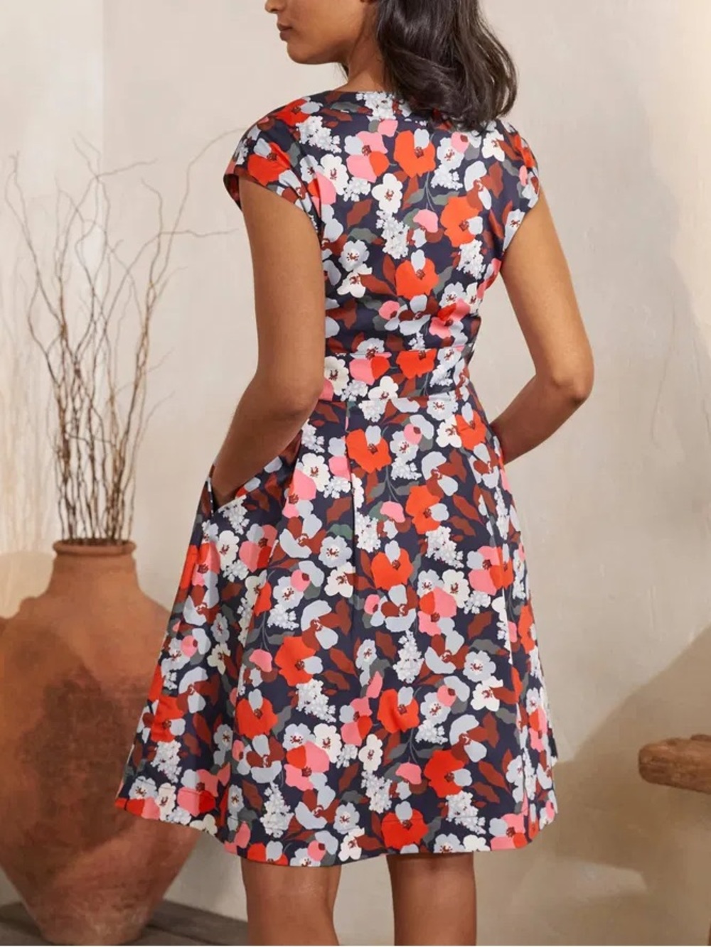 Boden Navy Floral Fit-and-Flare Dress with Red and White Blooms - Picture 4 of 11